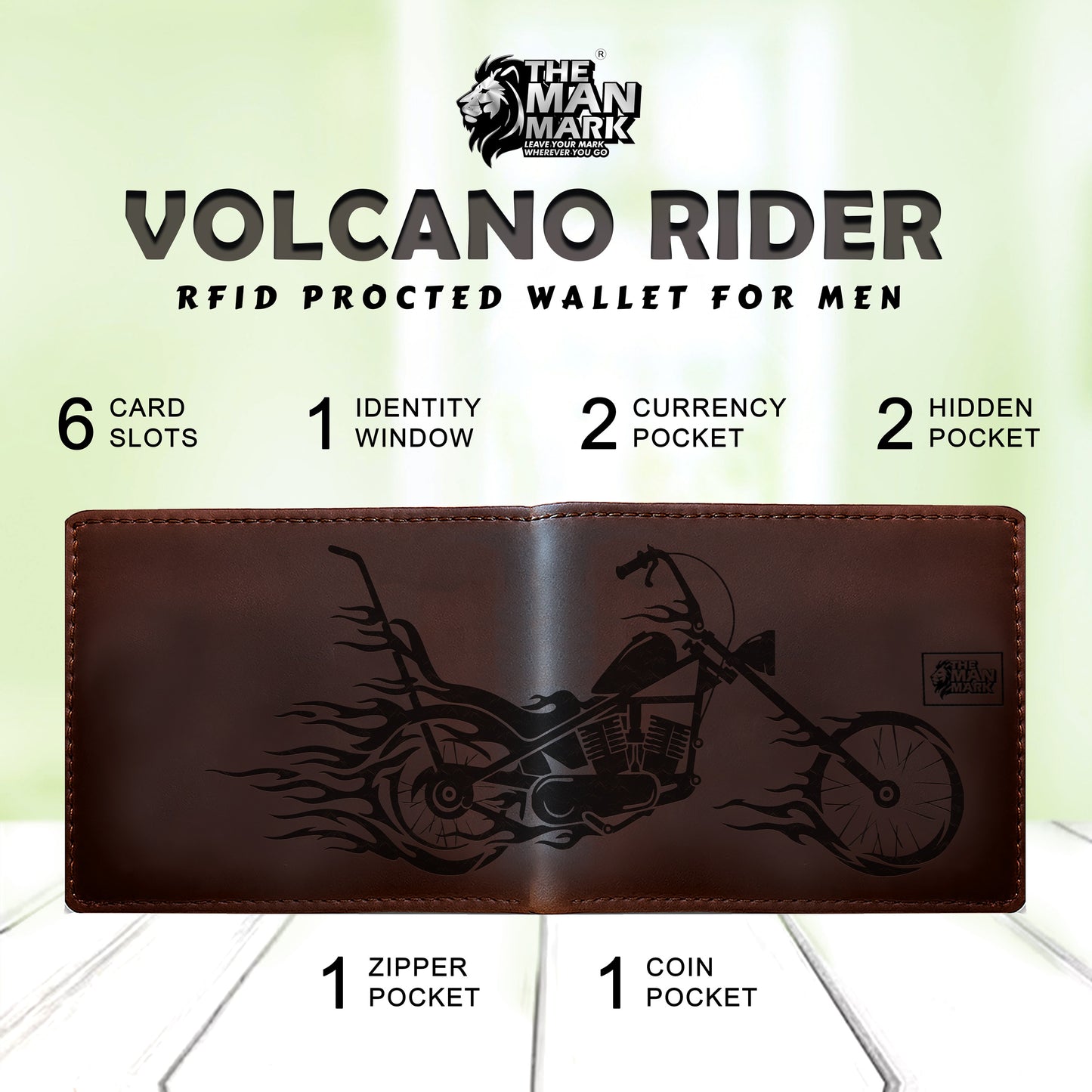 Volcano Rider Men's Premium Leather Wallet - 6 Card Slots, 2 Currency Pockets, 1 Zipper Pocket, RFID Protection - Perfect Gift for Birthday, Valentine's Day, Father's Day, Brother's Day, Anniversary, Rakhi, Diwali etc