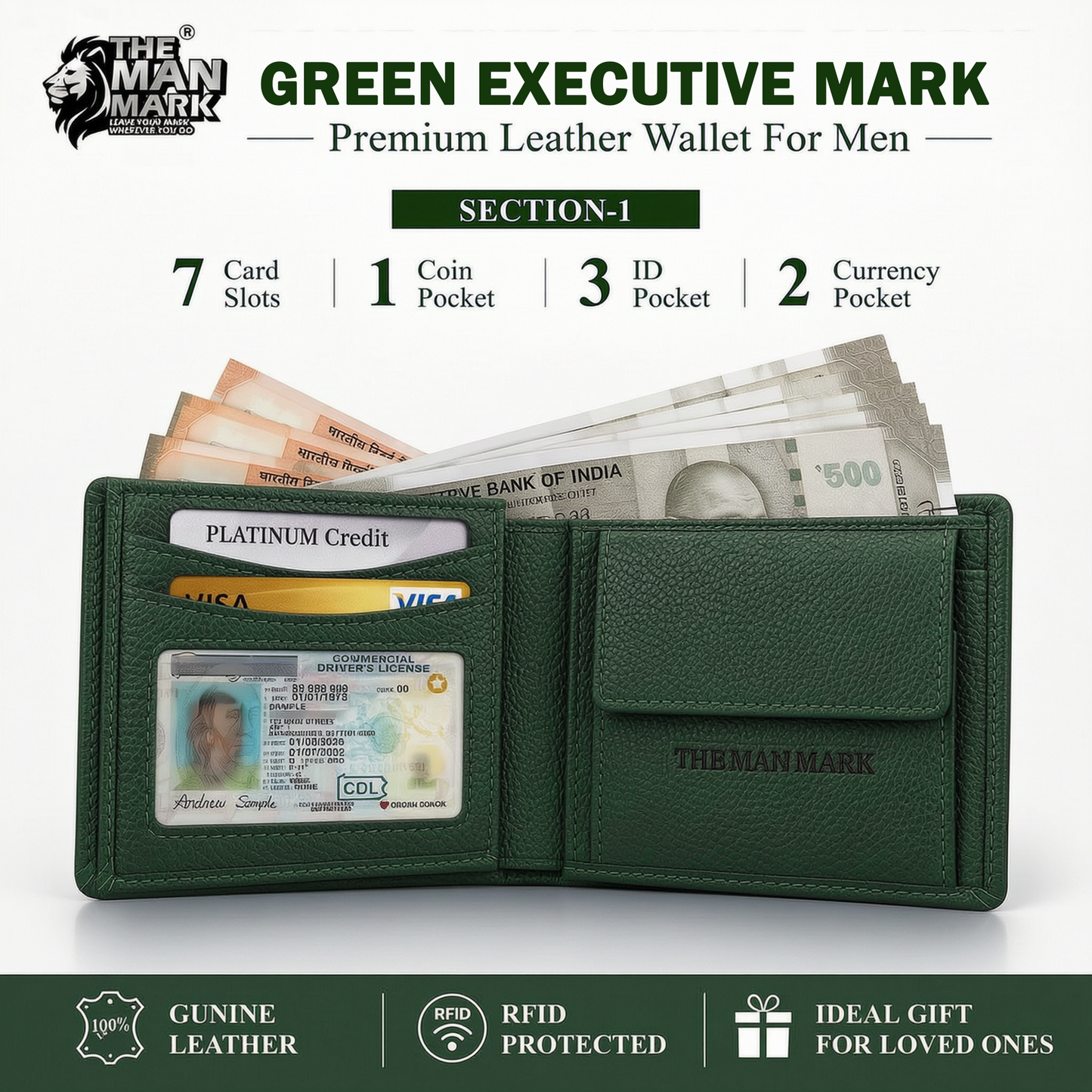 Green Executive Mark  Premium Leather Wallet - 7 Card Slots, 2 Currency Pockets, RFID Protection - Perfect Gift for Birthday, Valentine's Day, Father's Day, Brother's Day, Anniversary, Rakhi, Diwali etc