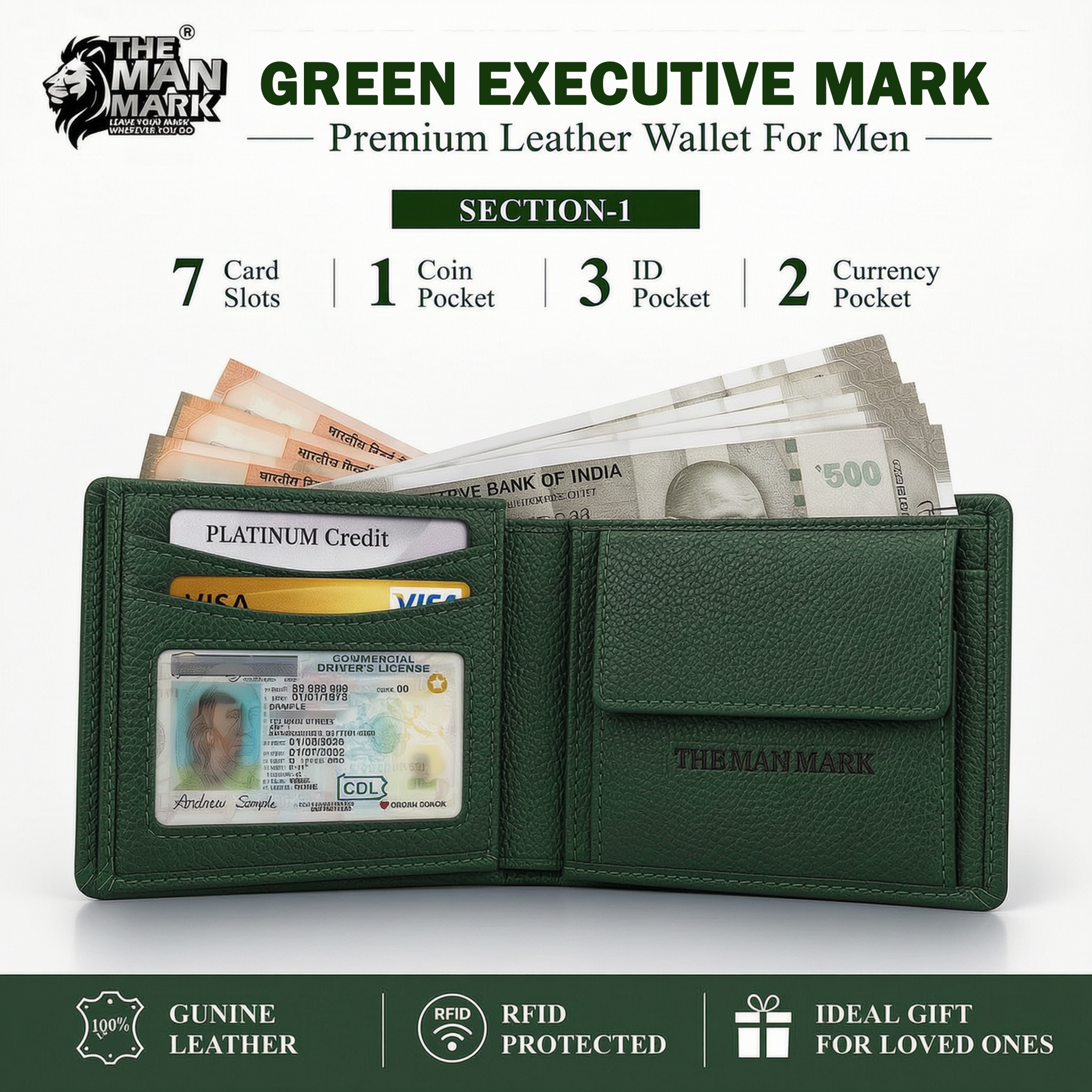 Green Executive Mark  Premium Leather Wallet - 7 Card Slots, 2 Currency Pockets, RFID Protection - Perfect Gift for Birthday, Valentine's Day, Father's Day, Brother's Day, Anniversary, Rakhi, Diwali etc