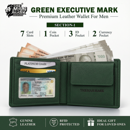 Green Executive Mark  Premium Leather Wallet - 7 Card Slots, 2 Currency Pockets, RFID Protection - Perfect Gift for Birthday, Valentine's Day, Father's Day, Brother's Day, Anniversary, Rakhi, Diwali etc