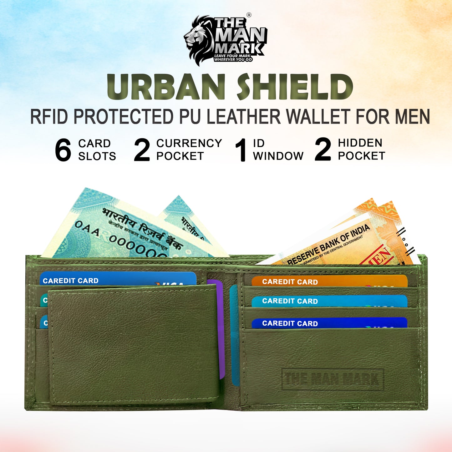 Urban Shield (Green) Pu Leather Wallet- 6 Card Slots, 2 Currency Pockets, 1 ID Window, RFID Protection - Perfect Gift for Birthday, Valentine's Day, Father's Day, Brother's Day, Anniversary, Rakhi, Diwali etc.
