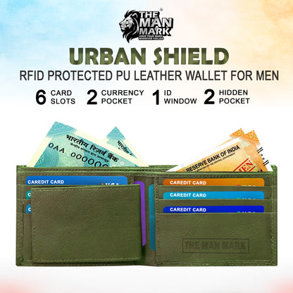 Urban Shield (Green) Pu Leather Wallet- 6 Card Slots, 2 Currency Pockets, 1 ID Window, RFID Protection - Perfect Gift for Birthday, Valentine's Day, Father's Day, Brother's Day, Anniversary, Rakhi, Diwali etc.