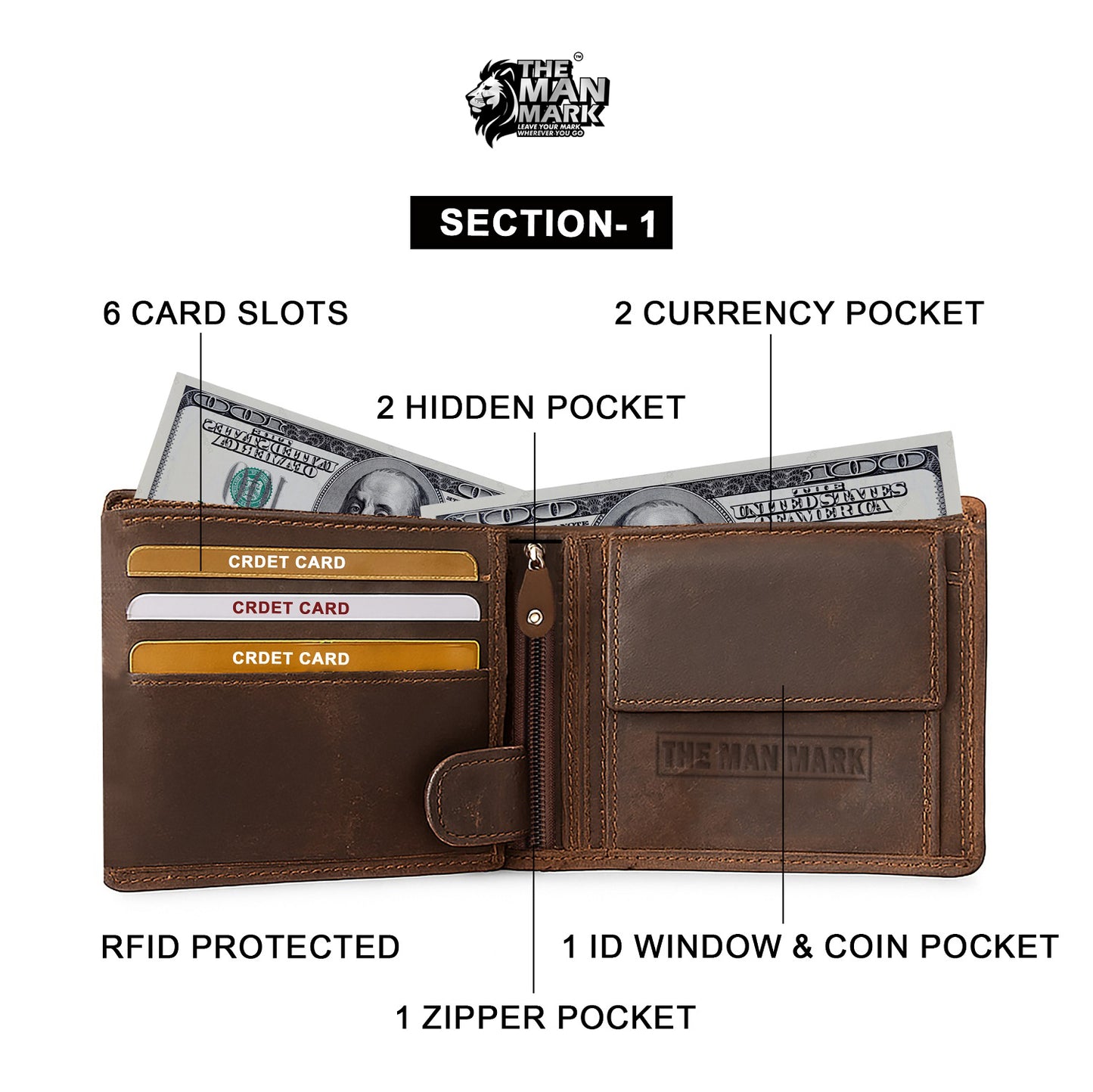 Volcano Rider Men's Premium Leather Wallet - 6 Card Slots, 2 Currency Pockets, 1 Zipper Pocket, RFID Protection - Perfect Gift for Birthday, Valentine's Day, Father's Day, Brother's Day, Anniversary, Rakhi, Diwali etc