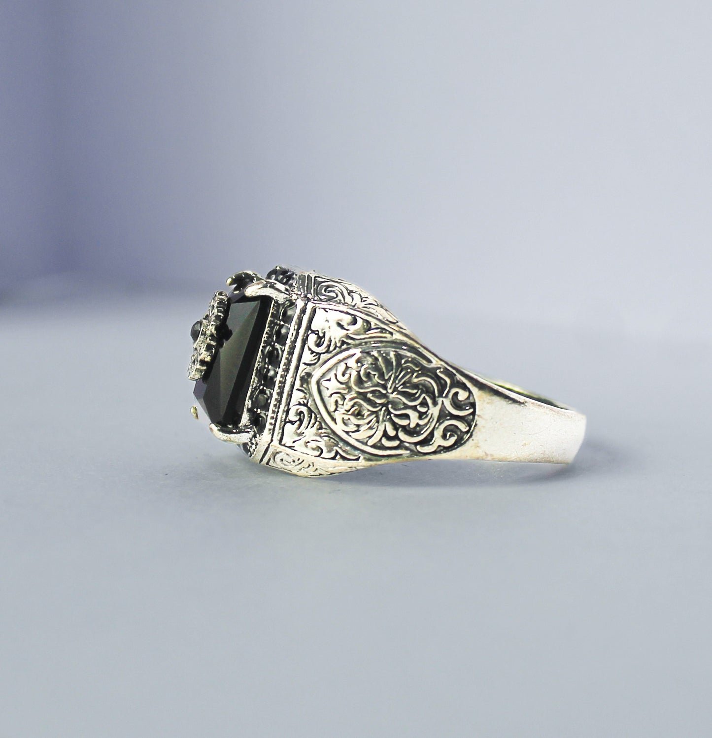 Men's Turkish Signet Ring: Ancient Silver Carved Eagle, Black Onyx