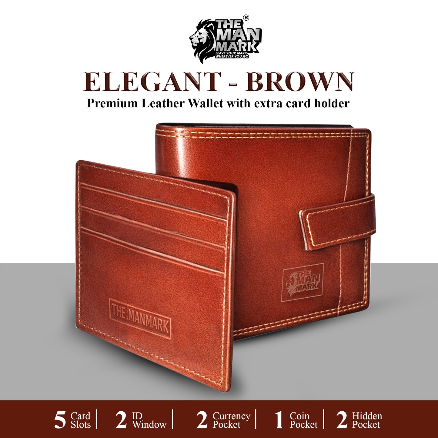 Elegant (Brown) with Extra card Holder Premium Leather Wallet - 5 Card Slots, 2 Currency Pockets, 2, ID Window, RFID Protection - Perfect Gift for Birthday, Valentine's Day, Father's Day, Brother's Day, Anniversary, Rakhi, Diwali etc