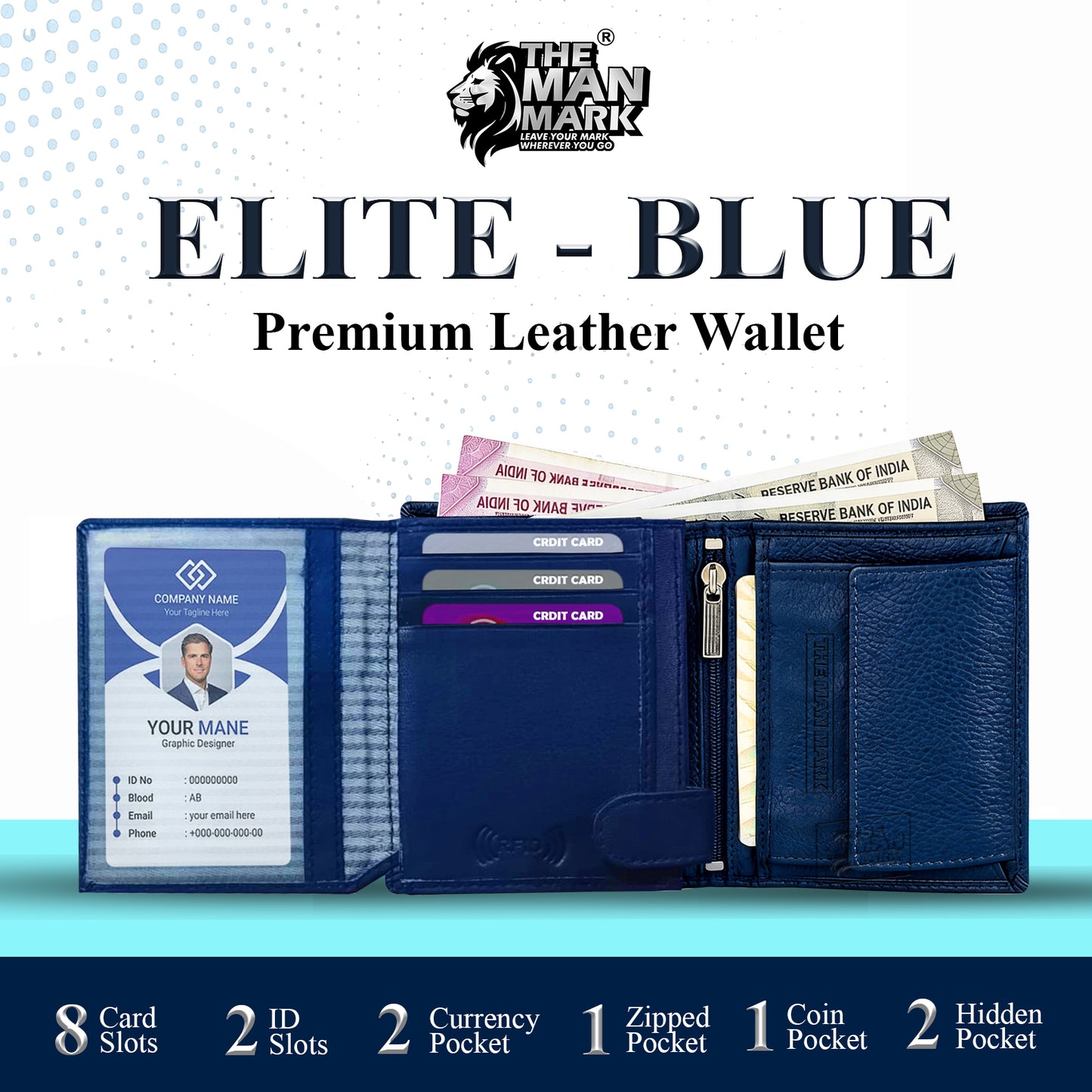Elite (Blue) Premium Leather Wallet - 8 Card Slots, 2 Currency Pockets, 2, ID Window, RFID Protection - Perfect Gift for Birthday, Valentine's Day, Father's Day, Brother's Day, Anniversary, Rakhi, Diwali etc