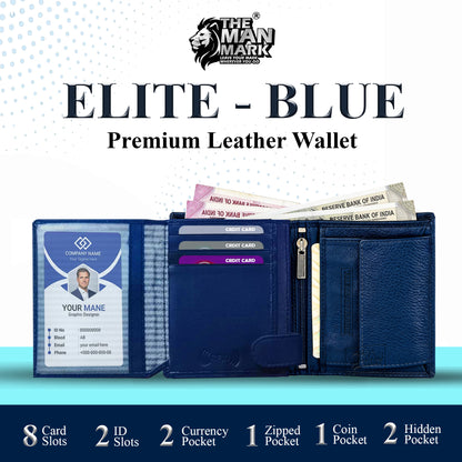 Elite (Blue) Premium Leather Wallet - 8 Card Slots, 2 Currency Pockets, 2, ID Window, RFID Protection - Perfect Gift for Birthday, Valentine's Day, Father's Day, Brother's Day, Anniversary, Rakhi, Diwali etc