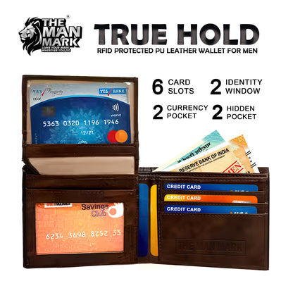 True Hold Pu Leather Wallet- 6 Card Slots, 2 Currency Pockets, 2 ID Window, RFID Protection - Perfect Gift for Birthday, Valentine's Day, Father's Day, Brother's Day, Anniversary, Rakhi, Diwali etc.