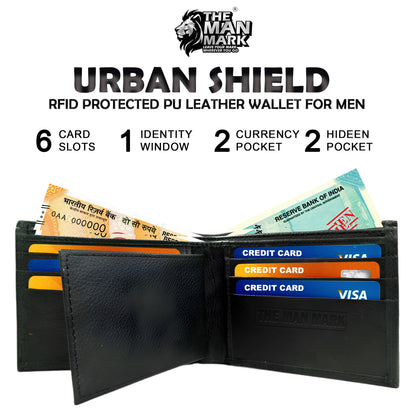 Urban Shield Pu Leather Wallet- 6 Card Slots, 2 Currency Pockets, 1 ID Window, RFID Protection - Perfect Gift for Birthday, Valentine's Day, Father's Day, Brother's Day, Anniversary, Rakhi, Diwali etc.