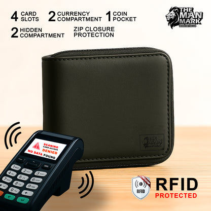 Vault Iron Zip Premium Leather Wallet - 4 Card Slots, 2 Currency Pockets, RFID Protection - Perfect Gift for Birthday, Valentine's Day, Father's Day, Brother's Day, Anniversary, Rakhi, Diwali etc