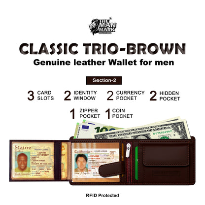 Classic Trio (Brown) Pu Leather Wallet- 3 Card Slots, 2 Currency Pockets, 2 ID Window, RFID Protection - Perfect Gift for Birthday, Valentine's Day, Father's Day, Brother's Day, Anniversary, Rakhi, Diwali etc.