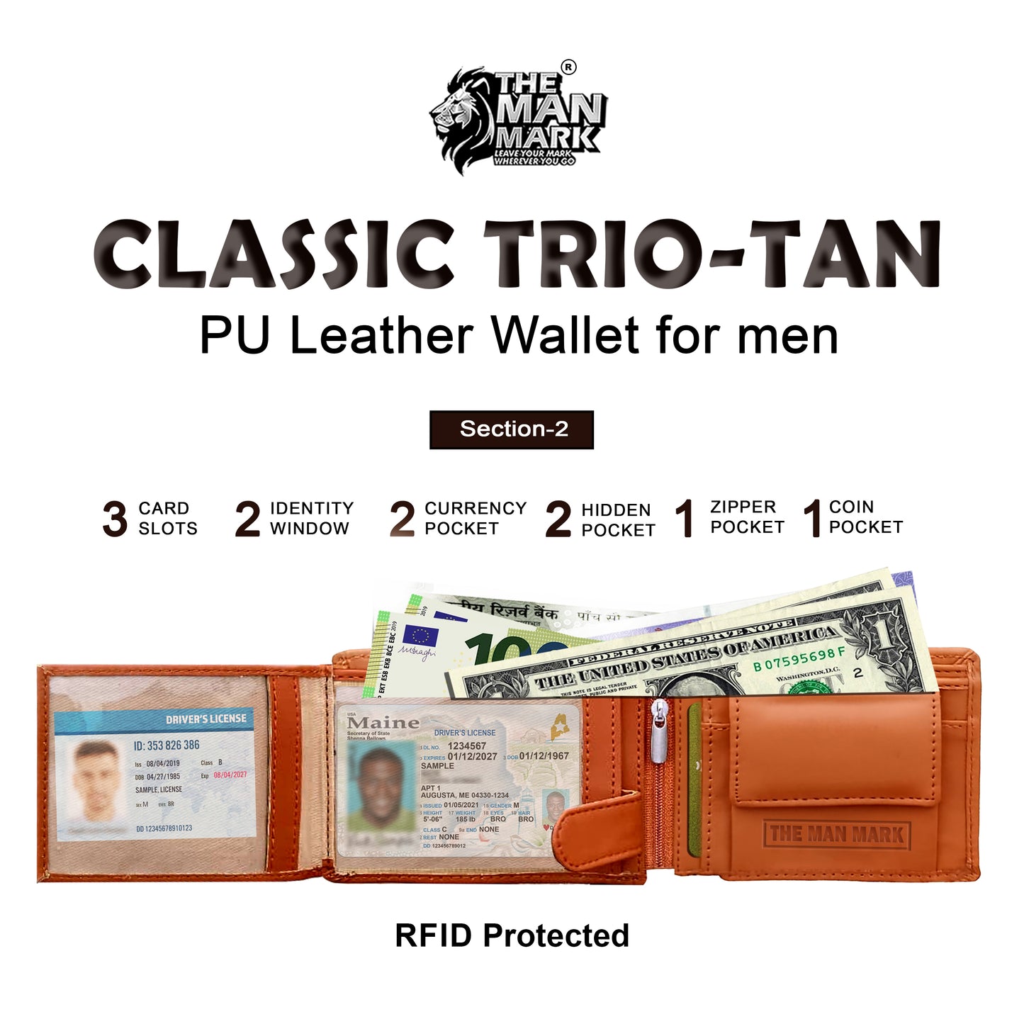 Classic Trio (Tan) Pu Leather Wallet- 3 Card Slots, 2 Currency Pockets, 2 ID Window, RFID Protection - Perfect Gift for Birthday, Valentine's Day, Father's Day, Brother's Day, Anniversary, Rakhi, Diwali etc.