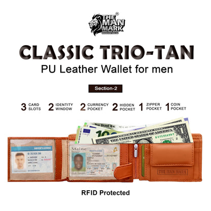 Classic Trio (Tan) Pu Leather Wallet- 3 Card Slots, 2 Currency Pockets, 2 ID Window, RFID Protection - Perfect Gift for Birthday, Valentine's Day, Father's Day, Brother's Day, Anniversary, Rakhi, Diwali etc.