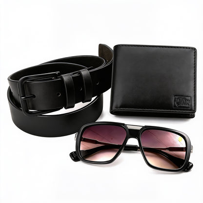 Black Executive Mark Wallet, Alpha Vision SI Sunglasses & Elite Office Black Belt – Premium Gift Combo for Men