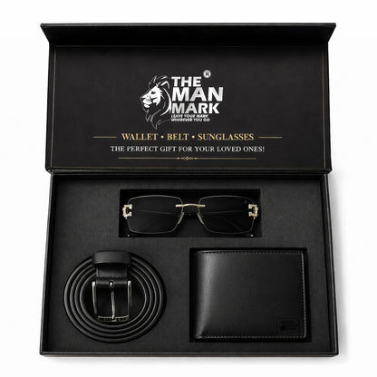Black Sentinel Wallet, Alpha Rider Black Sunglasses & Professional Edge Black Belt – Premium Gift Combo for Men