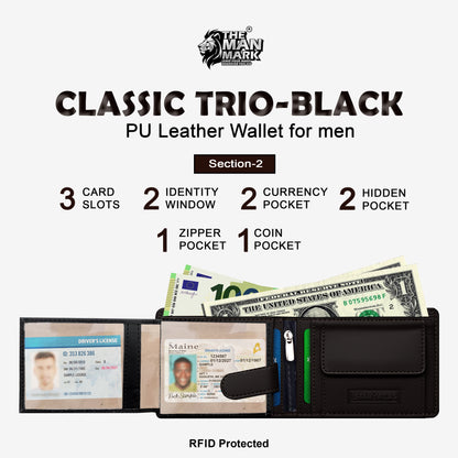 Classic Trio (Black) Pu Leather Wallet- 3 Card Slots, 2 Currency Pockets, 2 ID Window, RFID Protection - Perfect Gift for Birthday, Valentine's Day, Father's Day, Brother's Day, Anniversary, Rakhi, Diwali etc.