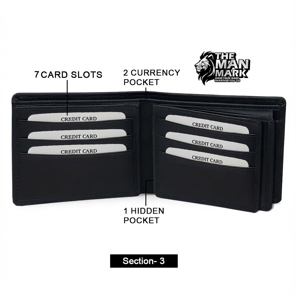 Black Executive Mark  Premium Leather Wallet - 7 Card Slots, 2 Currency Pockets, RFID Protection - Perfect Gift for Birthday, Valentine's Day, Father's Day, Brother's Day, Anniversary, Rakhi, Diwali etc