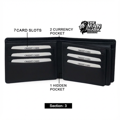 Black Executive Mark  Premium Leather Wallet - 7 Card Slots, 2 Currency Pockets, RFID Protection - Perfect Gift for Birthday, Valentine's Day, Father's Day, Brother's Day, Anniversary, Rakhi, Diwali etc