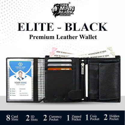 Elite (Black) Premium Leather Wallet - 8 Card Slots, 2 Currency Pockets, 2, ID Window, RFID Protection - Perfect Gift for Birthday, Valentine's Day, Father's Day, Brother's Day, Anniversary, Rakhi, Diwali etc