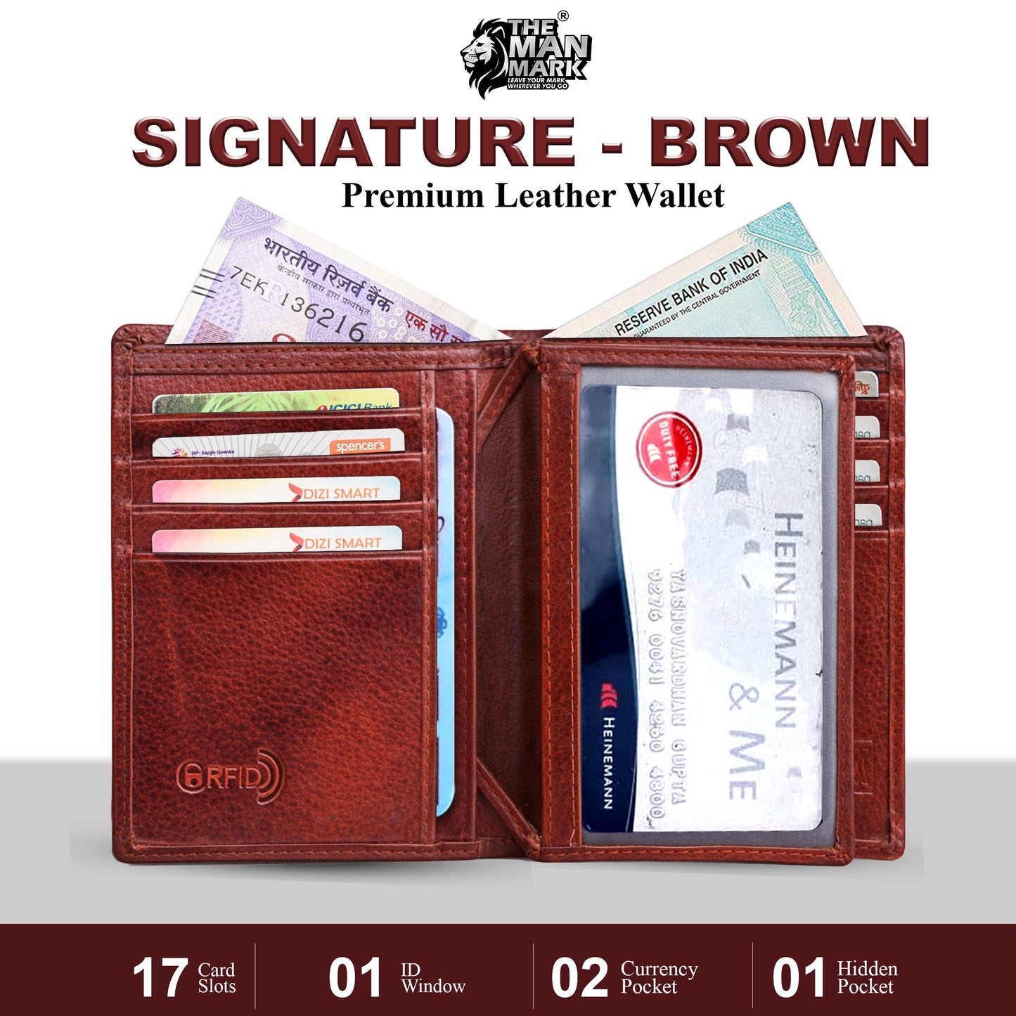 Signature (Brown) Premium Leather Wallet - 17 Card Slots, 2 Currency Pockets, RFID Protection - Perfect Gift for Birthday, Valentine's Day, Father's Day, Brother's Day, Anniversary, Rakhi, Diwali etc