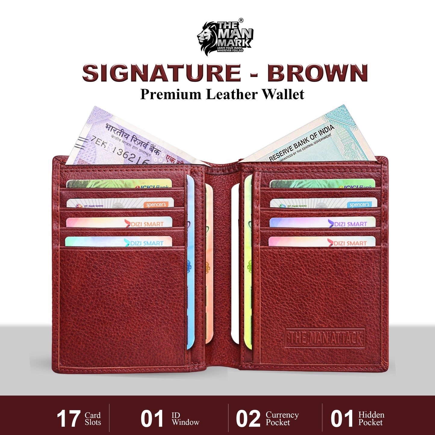 Signature (Brown) Premium Leather Wallet - 17 Card Slots, 2 Currency Pockets, RFID Protection - Perfect Gift for Birthday, Valentine's Day, Father's Day, Brother's Day, Anniversary, Rakhi, Diwali etc