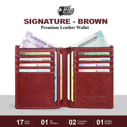 Signature (Brown) Premium Leather Wallet - 17 Card Slots, 2 Currency Pockets, RFID Protection - Perfect Gift for Birthday, Valentine's Day, Father's Day, Brother's Day, Anniversary, Rakhi, Diwali etc