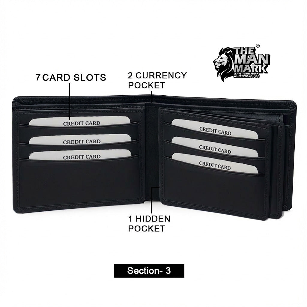 Black Executive Mark  Premium Leather Wallet - 7 Card Slots, 2 Currency Pockets, RFID Protection - Perfect Gift for Birthday, Valentine's Day, Father's Day, Brother's Day, Anniversary, Rakhi, Diwali etc