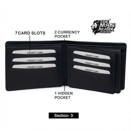Black Executive Mark  Premium Leather Wallet - 7 Card Slots, 2 Currency Pockets, RFID Protection - Perfect Gift for Birthday, Valentine's Day, Father's Day, Brother's Day, Anniversary, Rakhi, Diwali etc