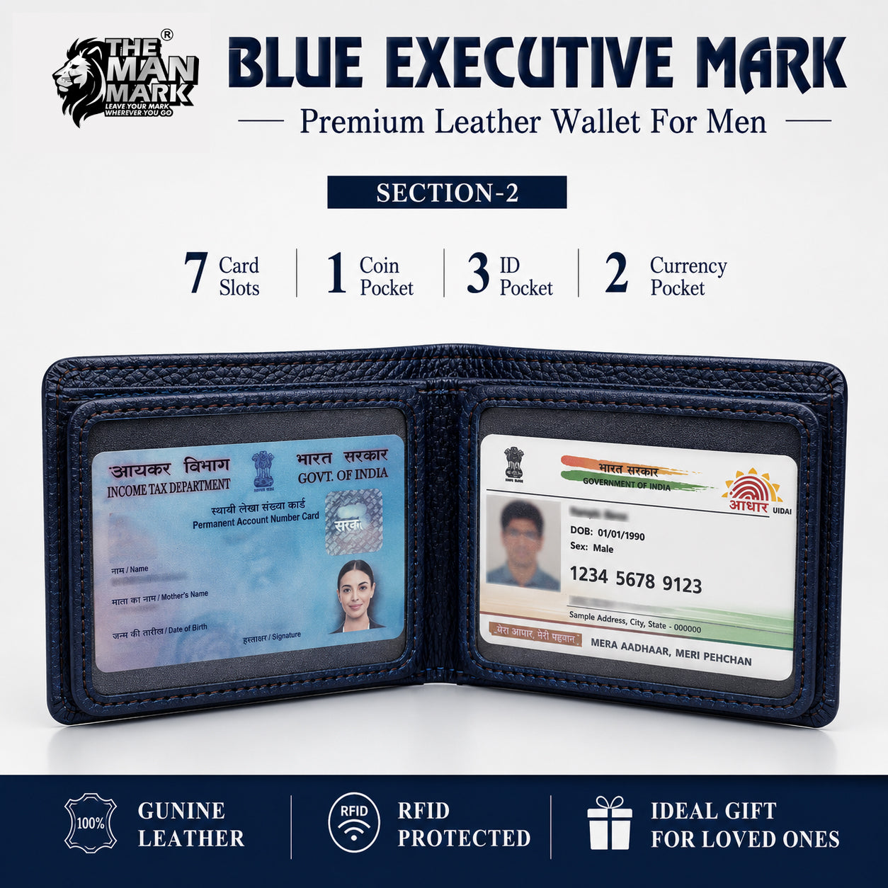 Blue Executive Mark  Premium Leather Wallet - 7 Card Slots, 2 Currency Pockets, RFID Protection - Perfect Gift for Birthday, Valentine's Day, Father's Day, Brother's Day, Anniversary, Rakhi, Diwali etc