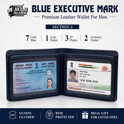 Blue Executive Mark  Premium Leather Wallet - 7 Card Slots, 2 Currency Pockets, RFID Protection - Perfect Gift for Birthday, Valentine's Day, Father's Day, Brother's Day, Anniversary, Rakhi, Diwali etc