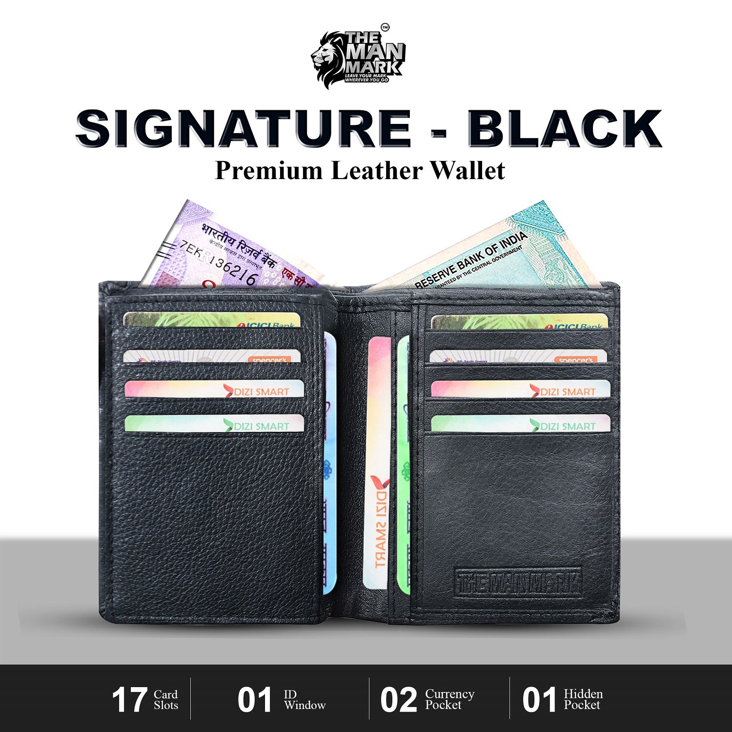 Signature (Black) Premium Leather Wallet - 17 Card Slots, 2 Currency Pockets, RFID Protection - Perfect Gift for Birthday, Valentine's Day, Father's Day, Brother's Day, Anniversary, Rakhi, Diwali etc