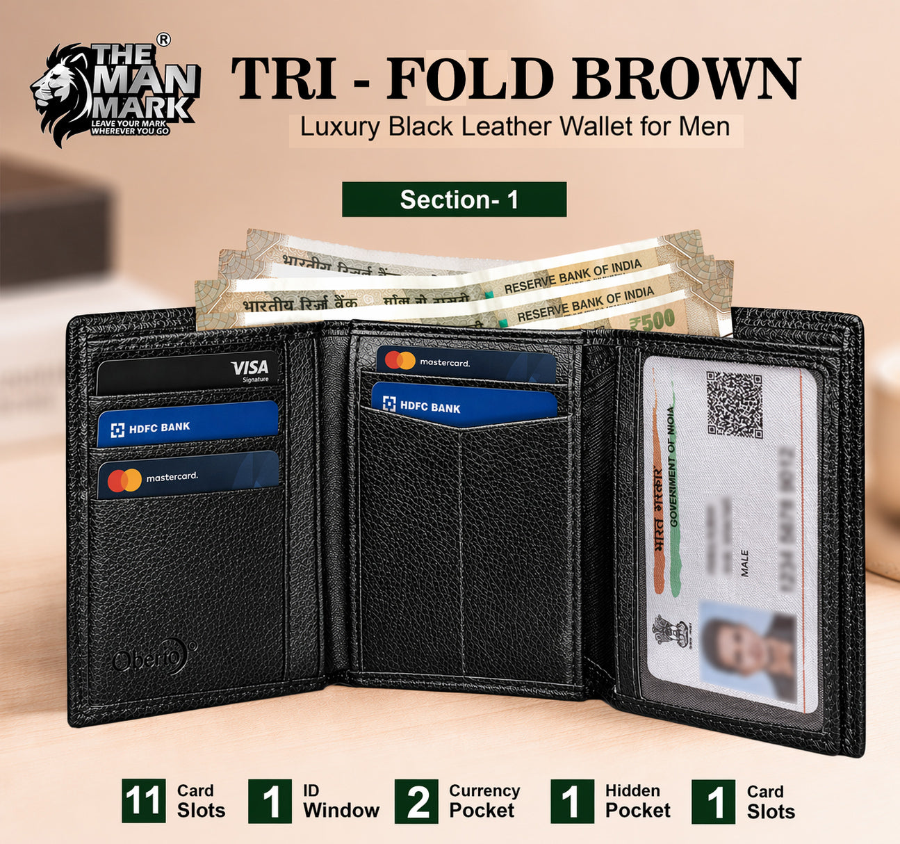 TRI - Fold (Black) Premium Leather Wallet for Men - 11 Card Slots, 2 Currency Pockets, 1 ID Window, RFID Protection - Perfect Gift for Birthday, Valentine's Day, Father's Day, Brother's Day, Anniversary, Rakhi, Diwali etc