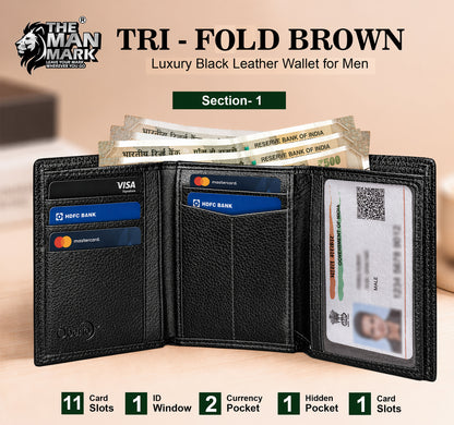 TRI - Fold (Black) Premium Leather Wallet for Men - 11 Card Slots, 2 Currency Pockets, 1 ID Window, RFID Protection - Perfect Gift for Birthday, Valentine's Day, Father's Day, Brother's Day, Anniversary, Rakhi, Diwali etc