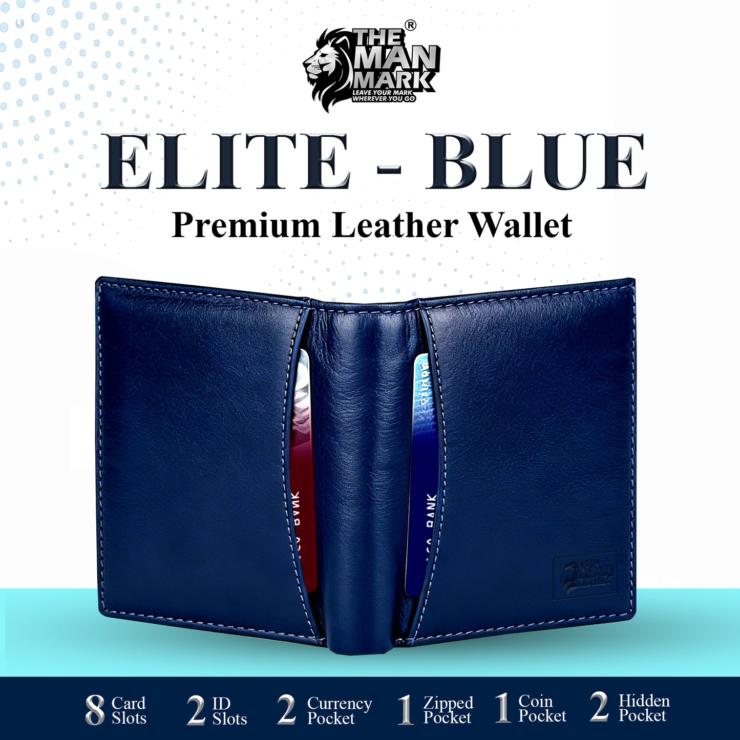 Elite (Blue) Premium Leather Wallet - 8 Card Slots, 2 Currency Pockets, 2, ID Window, RFID Protection - Perfect Gift for Birthday, Valentine's Day, Father's Day, Brother's Day, Anniversary, Rakhi, Diwali etc