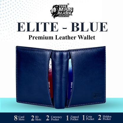 Elite (Blue) Premium Leather Wallet - 8 Card Slots, 2 Currency Pockets, 2, ID Window, RFID Protection - Perfect Gift for Birthday, Valentine's Day, Father's Day, Brother's Day, Anniversary, Rakhi, Diwali etc