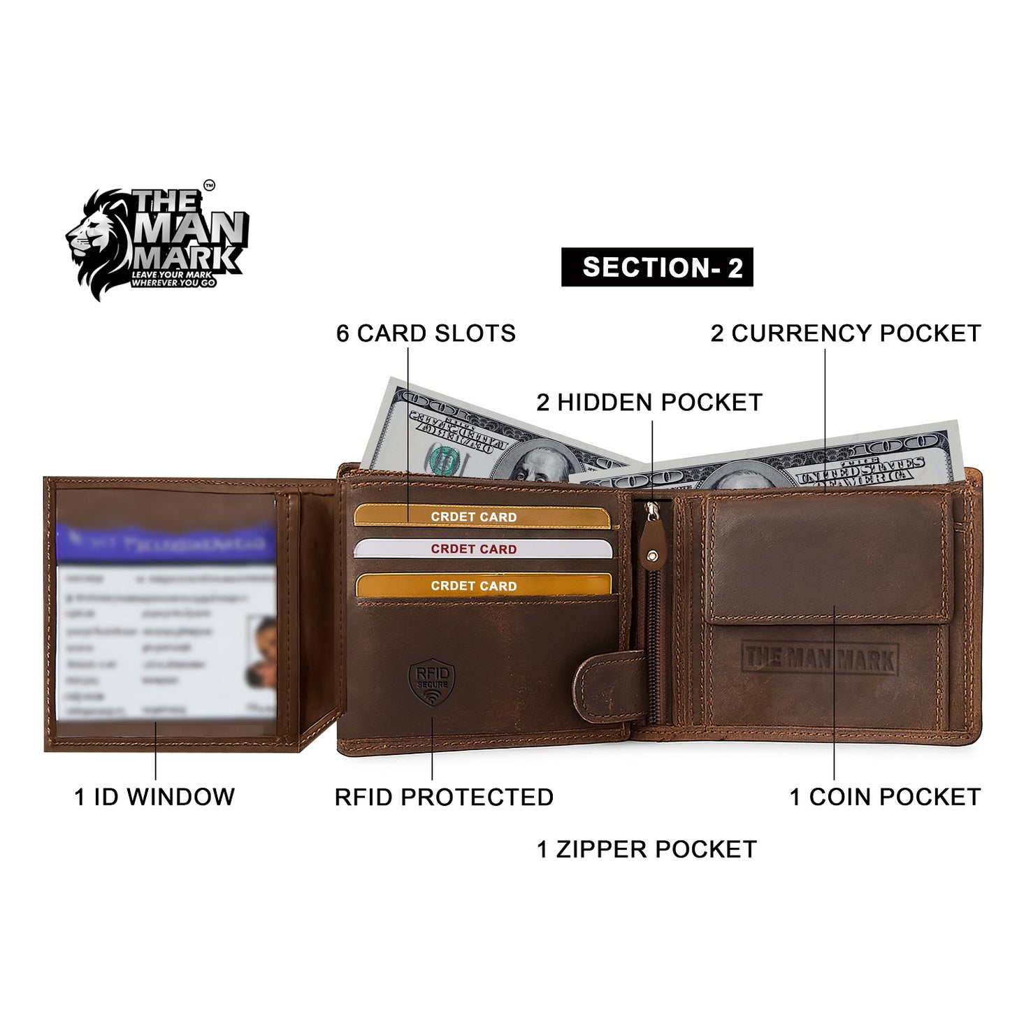 Volcano Rider Men's Premium Leather Wallet - 6 Card Slots, 2 Currency Pockets, 1 Zipper Pocket, RFID Protection - Perfect Gift for Birthday, Valentine's Day, Father's Day, Brother's Day, Anniversary, Rakhi, Diwali etc