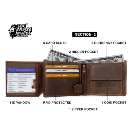 Volcano Rider Men's Premium Leather Wallet - 6 Card Slots, 2 Currency Pockets, 1 Zipper Pocket, RFID Protection - Perfect Gift for Birthday, Valentine's Day, Father's Day, Brother's Day, Anniversary, Rakhi, Diwali etc