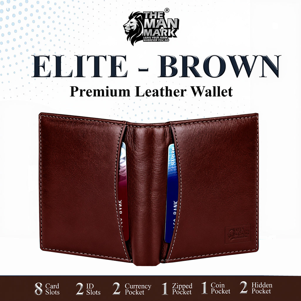 Elite (Brown) Premium Leather Wallet - 8 Card Slots, 2 Currency Pockets, 2, ID Window, RFID Protection - Perfect Gift for Birthday, Valentine's Day, Father's Day, Brother's Day, Anniversary, Rakhi, Diwali etc