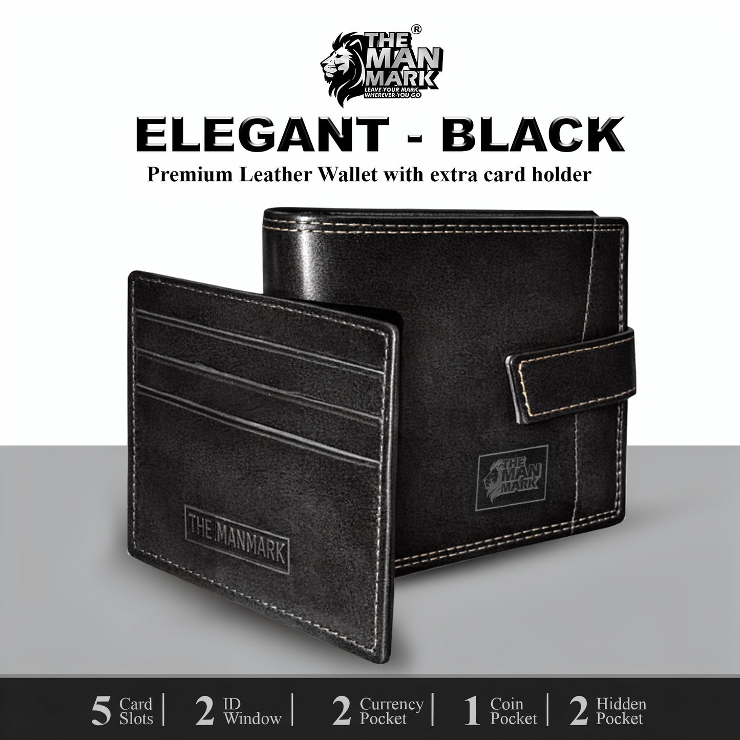 Elegant (Black) with Extra card Holder Premium Leather Wallet - 5 Card Slots, 2 Currency Pockets, 2, ID Window, RFID Protection - Perfect Gift for Birthday, Valentine's Day, Father's Day, Brother's Day, Anniversary, Rakhi, Diwali etc