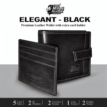 Elegant (Black) with Extra card Holder Premium Leather Wallet - 5 Card Slots, 2 Currency Pockets, 2, ID Window, RFID Protection - Perfect Gift for Birthday, Valentine's Day, Father's Day, Brother's Day, Anniversary, Rakhi, Diwali etc