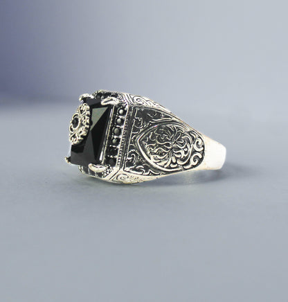 Men's Turkish Signet Ring: Ancient Silver Carved Eagle, Black Onyx