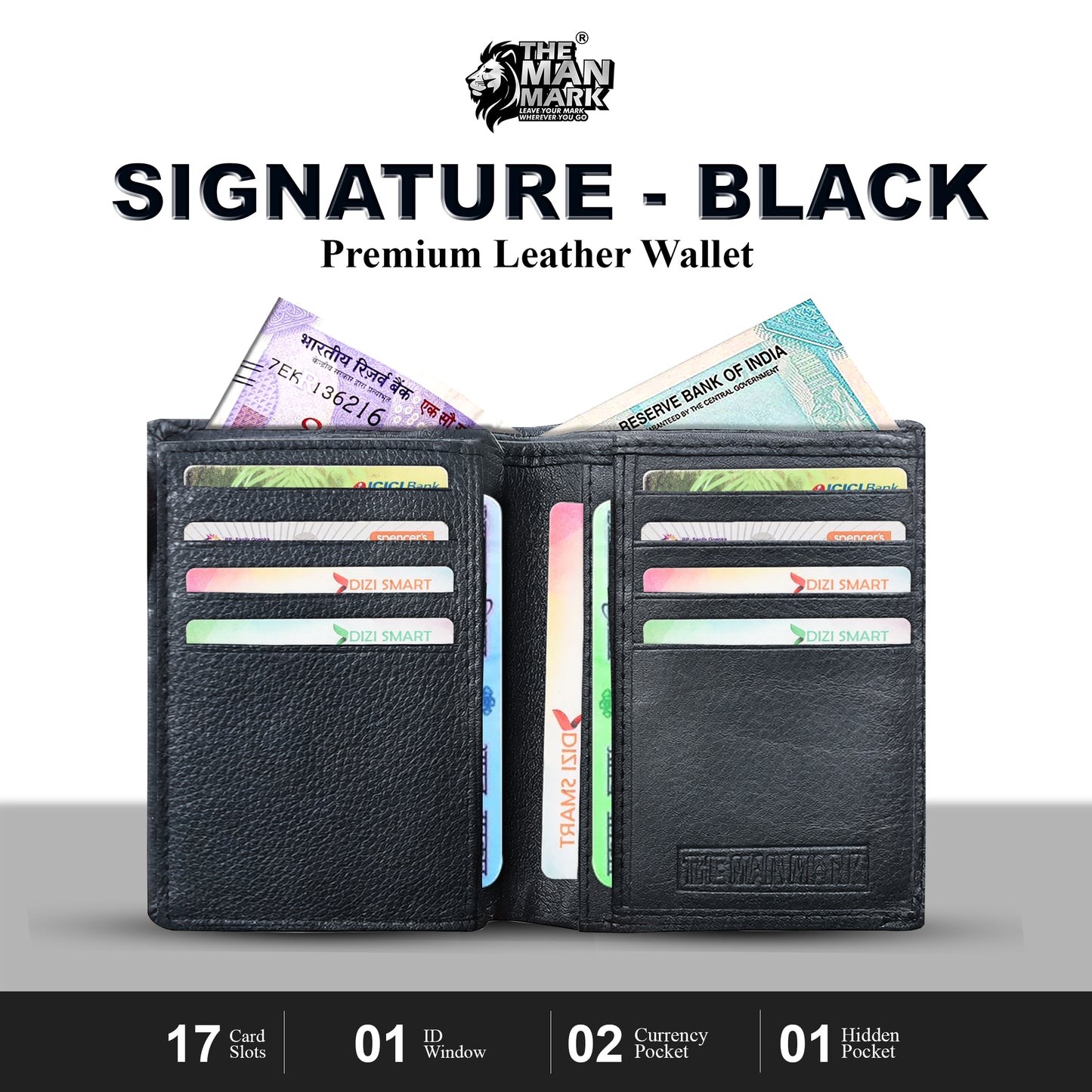Signature (Black) Premium Leather Wallet - 17 Card Slots, 2 Currency Pockets, RFID Protection - Perfect Gift for Birthday, Valentine's Day, Father's Day, Brother's Day, Anniversary, Rakhi, Diwali etc