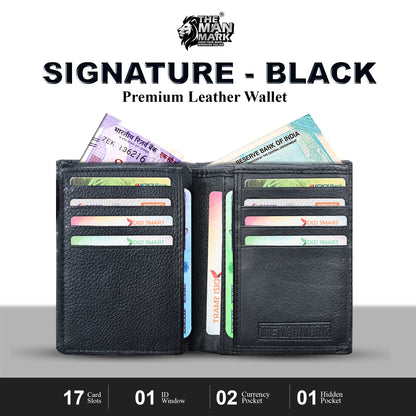 Signature (Black) Premium Leather Wallet - 17 Card Slots, 2 Currency Pockets, RFID Protection - Perfect Gift for Birthday, Valentine's Day, Father's Day, Brother's Day, Anniversary, Rakhi, Diwali etc