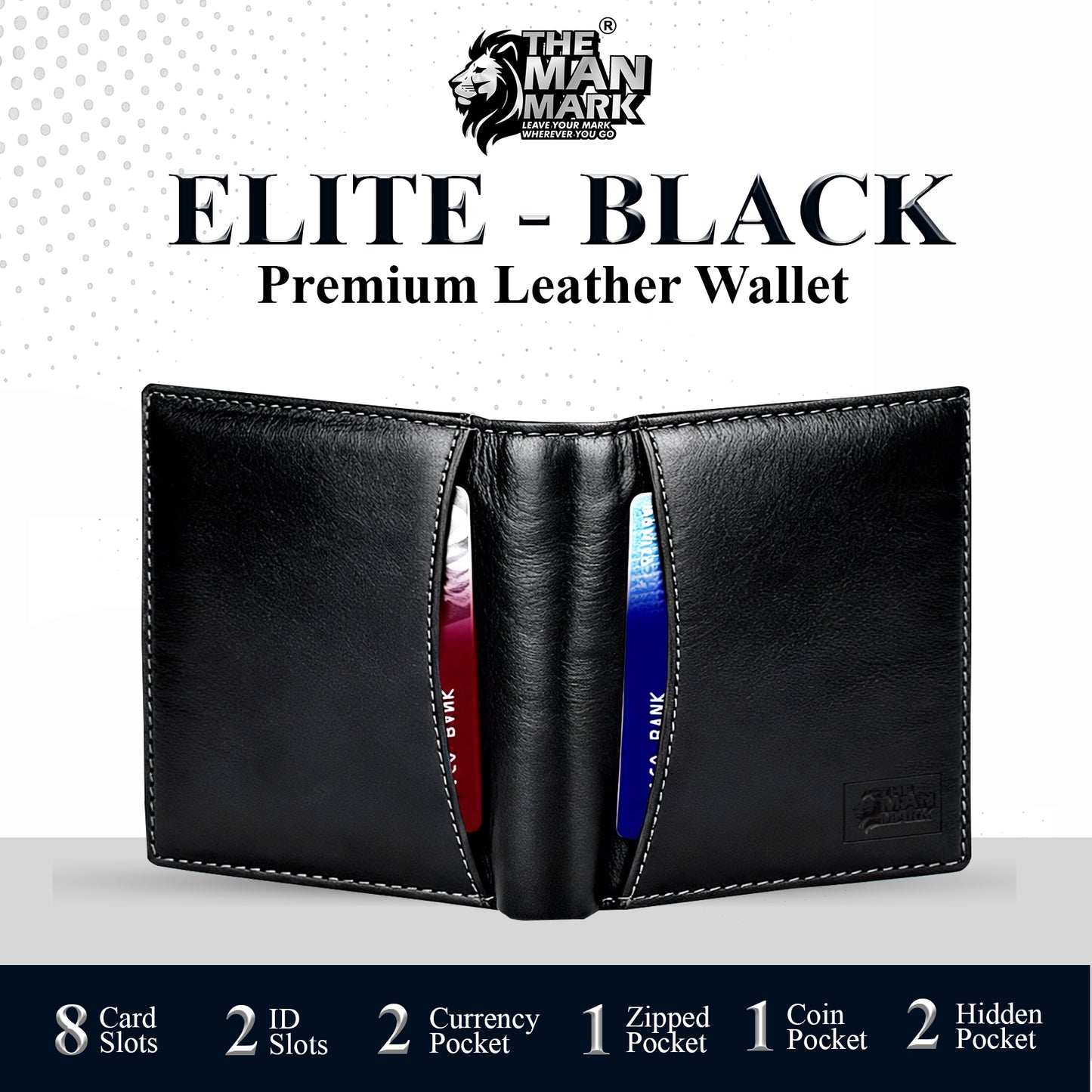 Elite (Black) Premium Leather Wallet - 8 Card Slots, 2 Currency Pockets, 2, ID Window, RFID Protection - Perfect Gift for Birthday, Valentine's Day, Father's Day, Brother's Day, Anniversary, Rakhi, Diwali etc