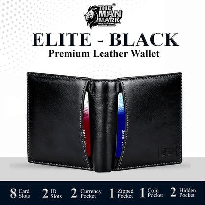 Elite (Black) Premium Leather Wallet - 8 Card Slots, 2 Currency Pockets, 2, ID Window, RFID Protection - Perfect Gift for Birthday, Valentine's Day, Father's Day, Brother's Day, Anniversary, Rakhi, Diwali etc