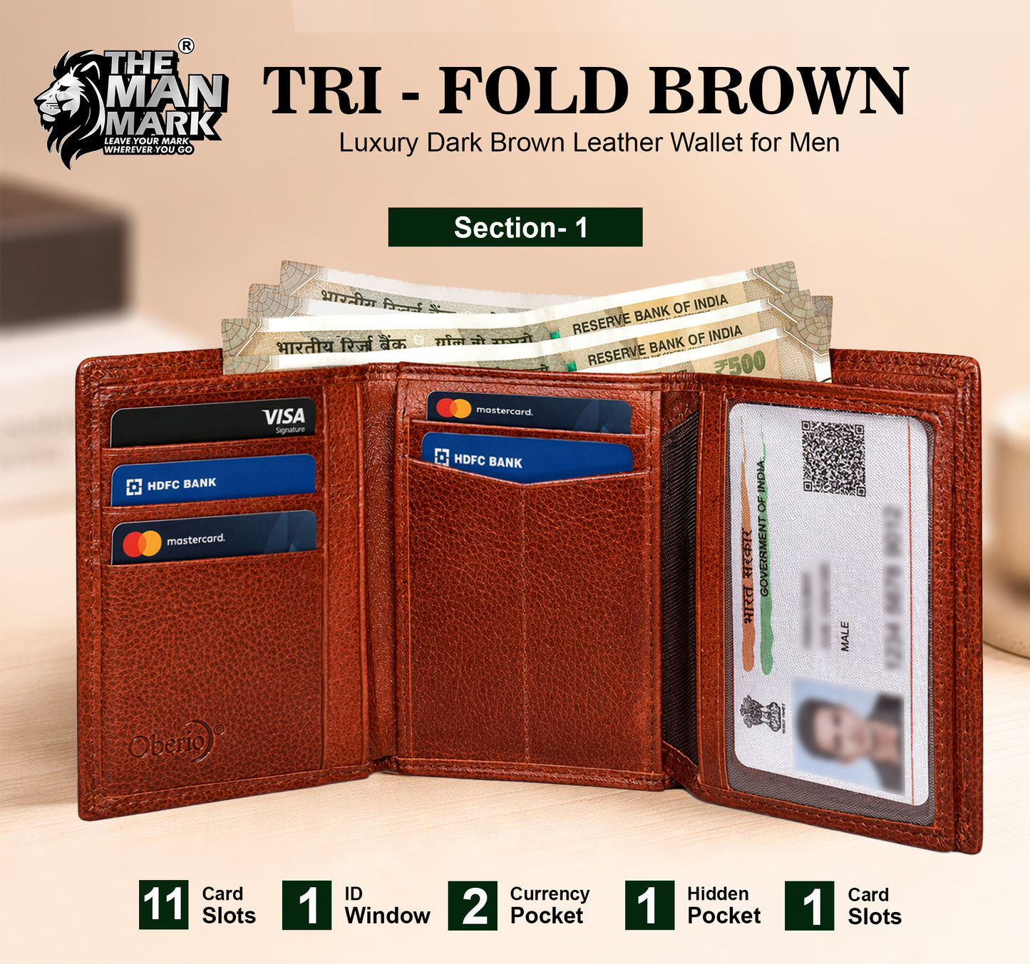 TRI - Fold (Brown) Premium Leather Wallet for Men - 11 Card Slots, 2 Currency Pockets, 1 ID Window, RFID Protection - Perfect Gift for Birthday, Valentine's Day, Father's Day, Brother's Day, Anniversary, Rakhi, Diwali etc