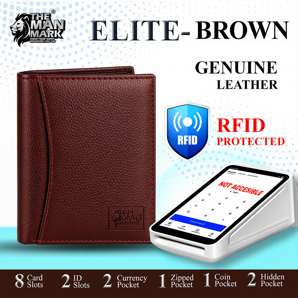 Elite (Brown) Premium Leather Wallet - 8 Card Slots, 2 Currency Pockets, 2, ID Window, RFID Protection - Perfect Gift for Birthday, Valentine's Day, Father's Day, Brother's Day, Anniversary, Rakhi, Diwali etc