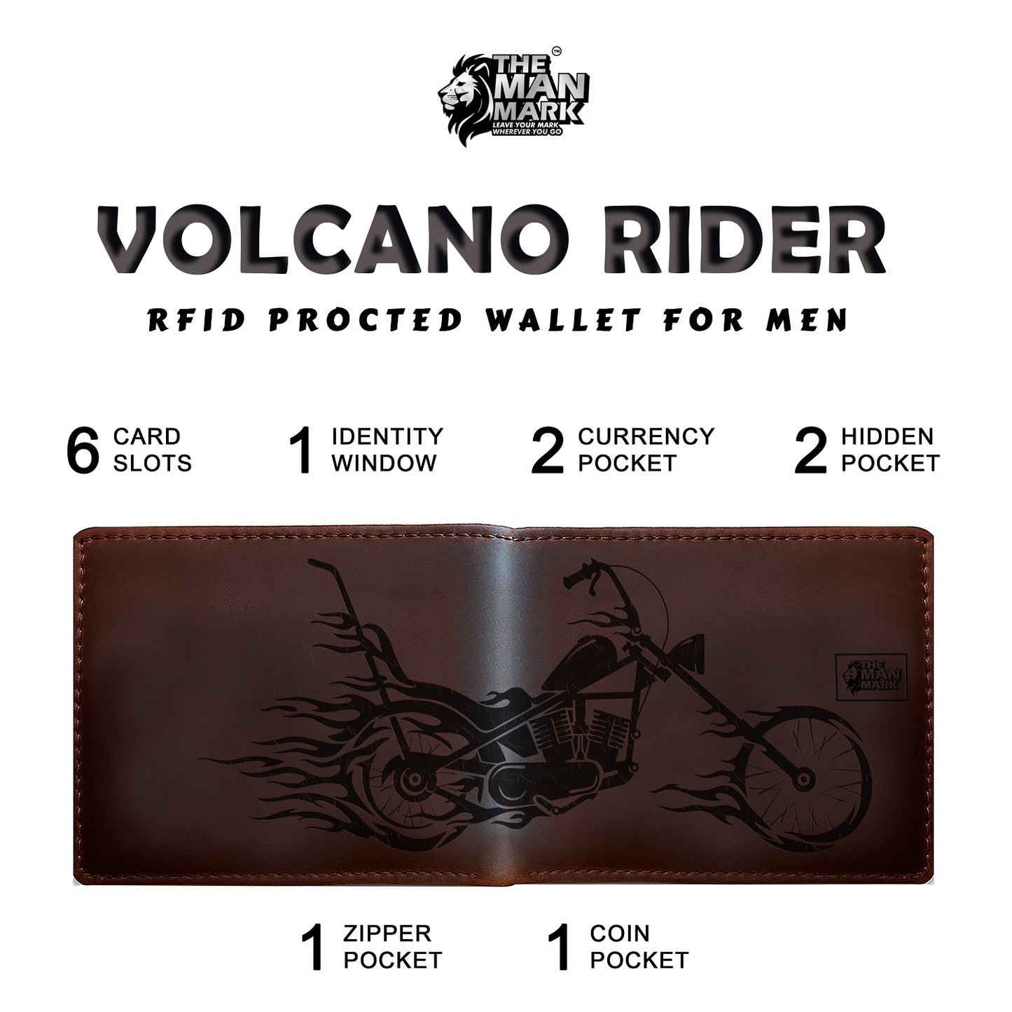 Volcano Rider Men's Premium Leather Wallet - 6 Card Slots, 2 Currency Pockets, 1 Zipper Pocket, RFID Protection - Perfect Gift for Birthday, Valentine's Day, Father's Day, Brother's Day, Anniversary, Rakhi, Diwali etc