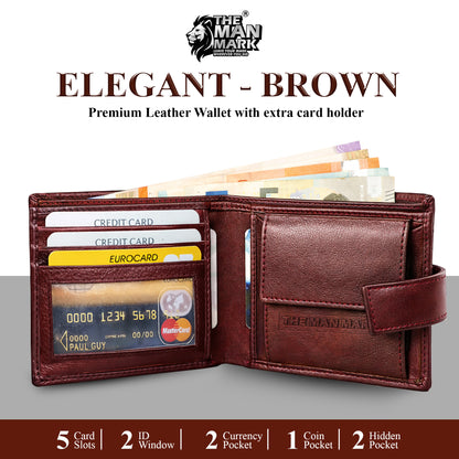 Elegant (Brown) with Extra card Holder Premium Leather Wallet - 5 Card Slots, 2 Currency Pockets, 2, ID Window, RFID Protection - Perfect Gift for Birthday, Valentine's Day, Father's Day, Brother's Day, Anniversary, Rakhi, Diwali etc