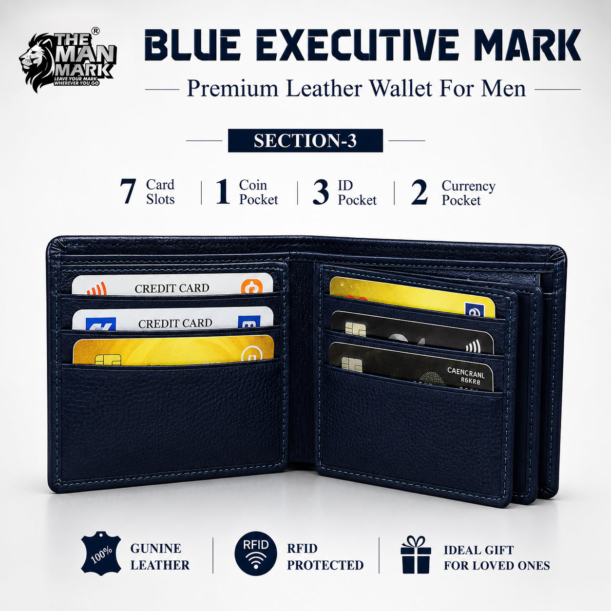 Blue Executive Mark  Premium Leather Wallet - 7 Card Slots, 2 Currency Pockets, RFID Protection - Perfect Gift for Birthday, Valentine's Day, Father's Day, Brother's Day, Anniversary, Rakhi, Diwali etc